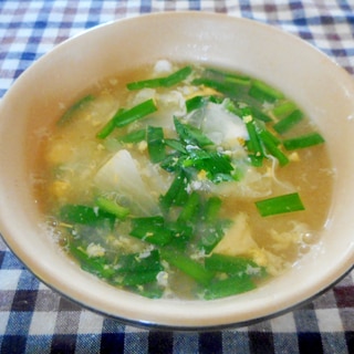 ピーラー大根とニラのお味噌風味卵スープ